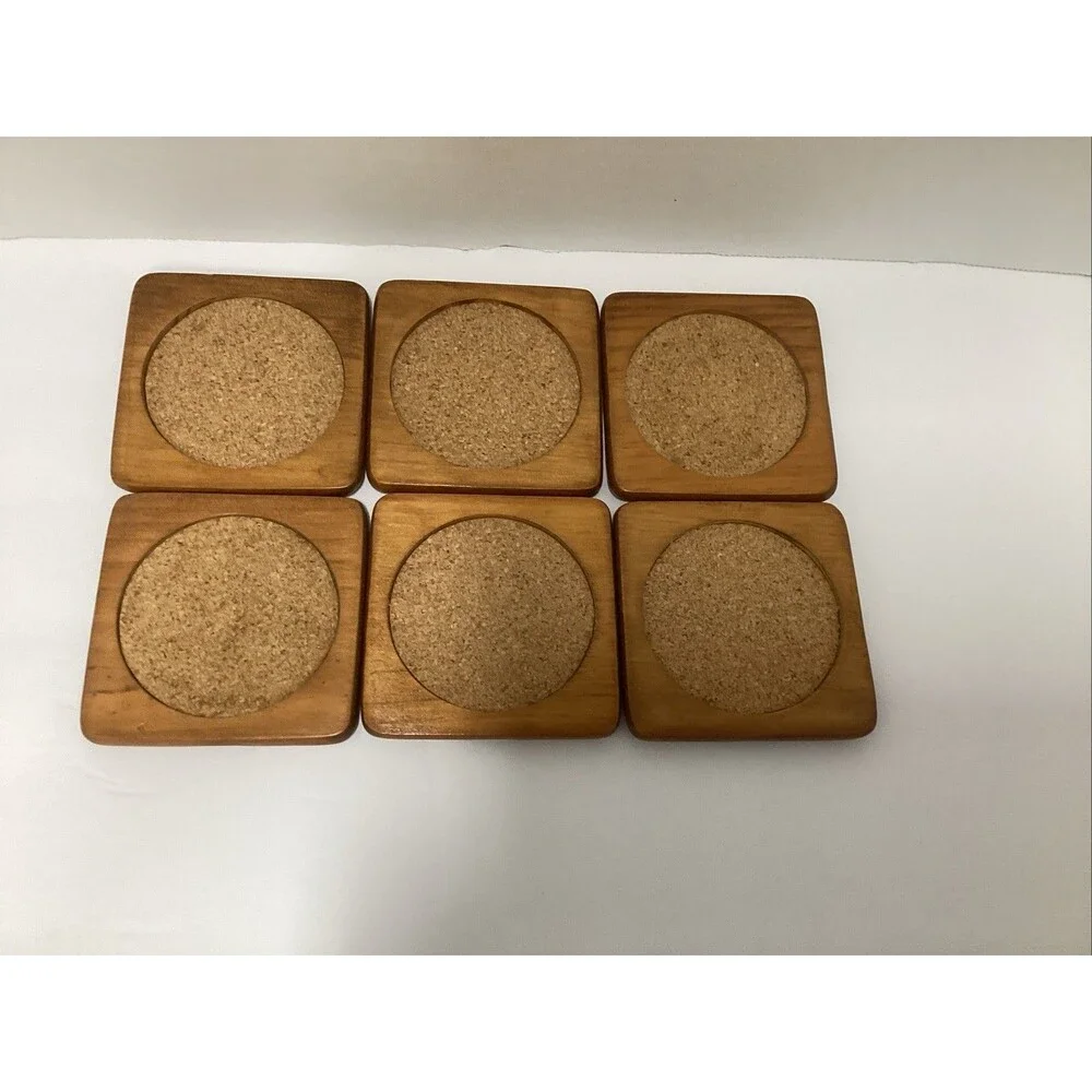 kamenstein coaster set 6 piece wooden cork w/holder MCM retro